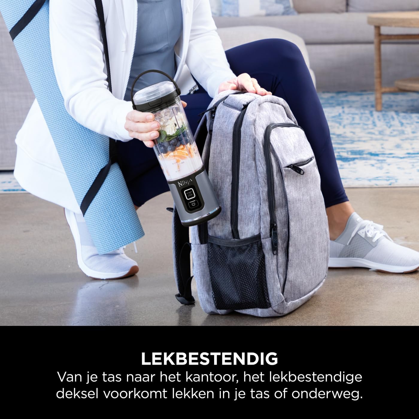 Ninja Blast blender wordt meegenomen in een rugtas