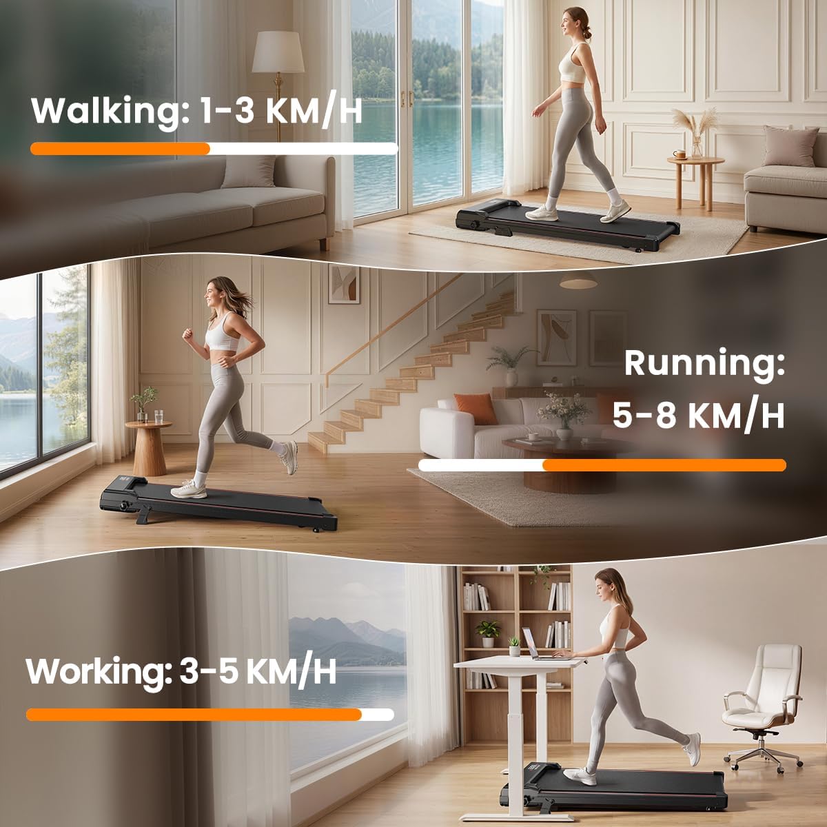 Walking pad in gebruik bij verschillende wandelsnelheden