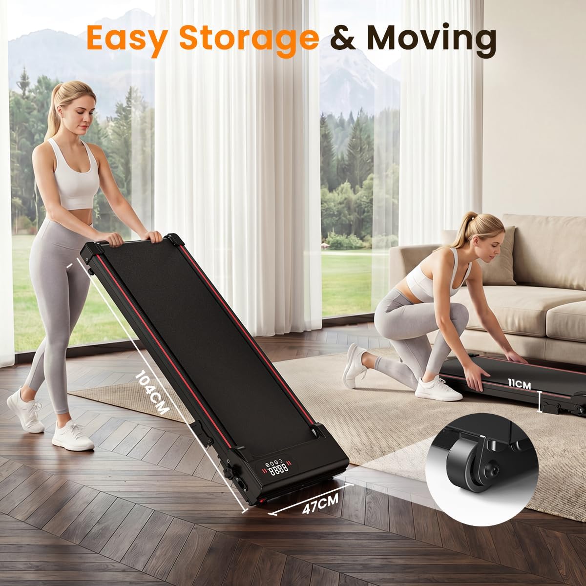 Walking pad die opgeklapt en verplaatst wordt