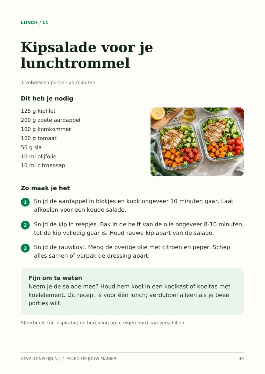 Voorbeeldpagina uit het e-book: recept kipsalade voor je lunchtrommel