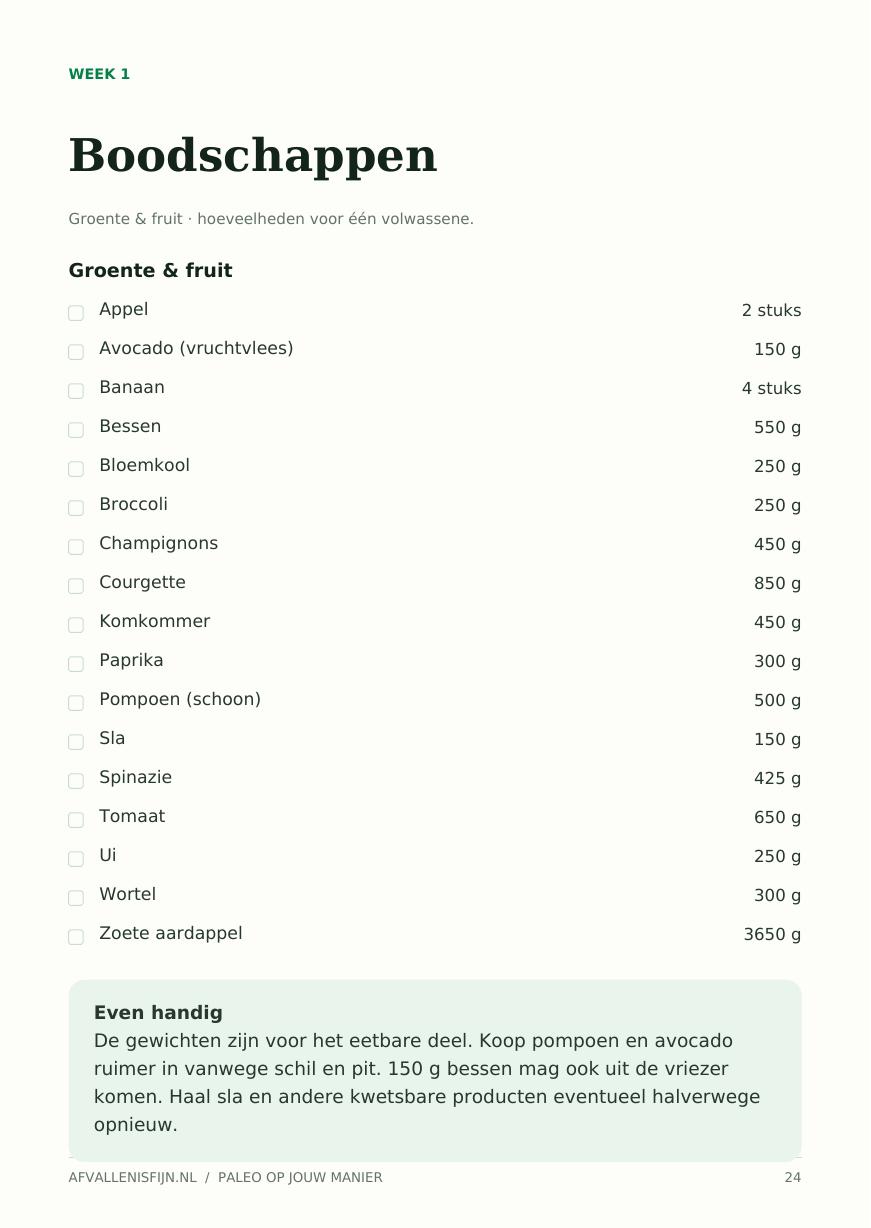 Voorbeeldpagina uit het e-book: boodschappenlijst groente en fruit week 1