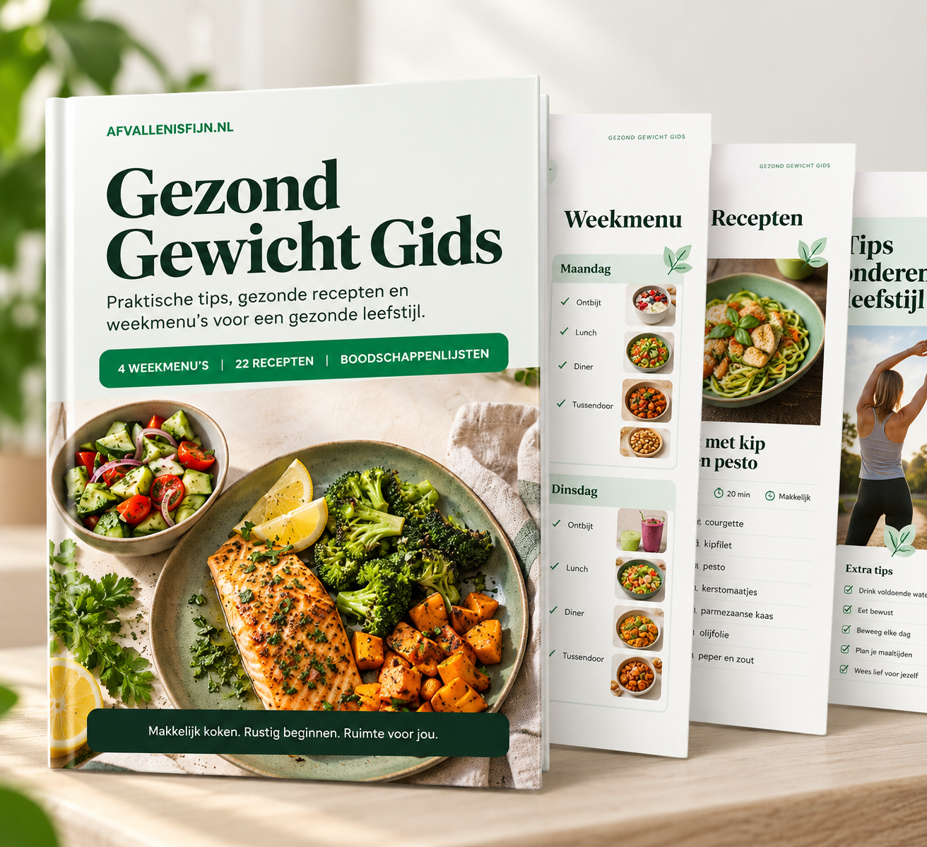 Premium e-book mock-up van de Gezond Gewicht Gids met cover, weekmenu's, recepten en tips