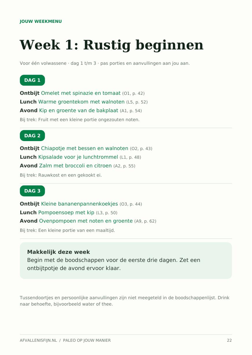 Voorbeeldpagina uit het e-book: weekmenu week 1, dag 1 tot en met 3