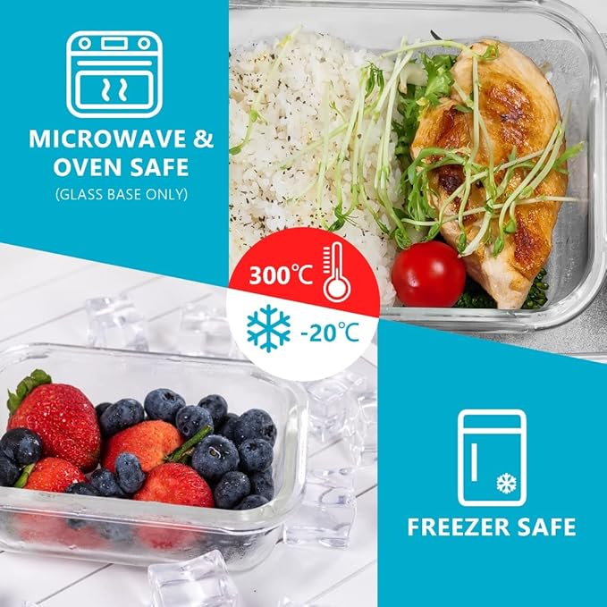 Glazen meal prep bakjes met een maaltijd en met fruit